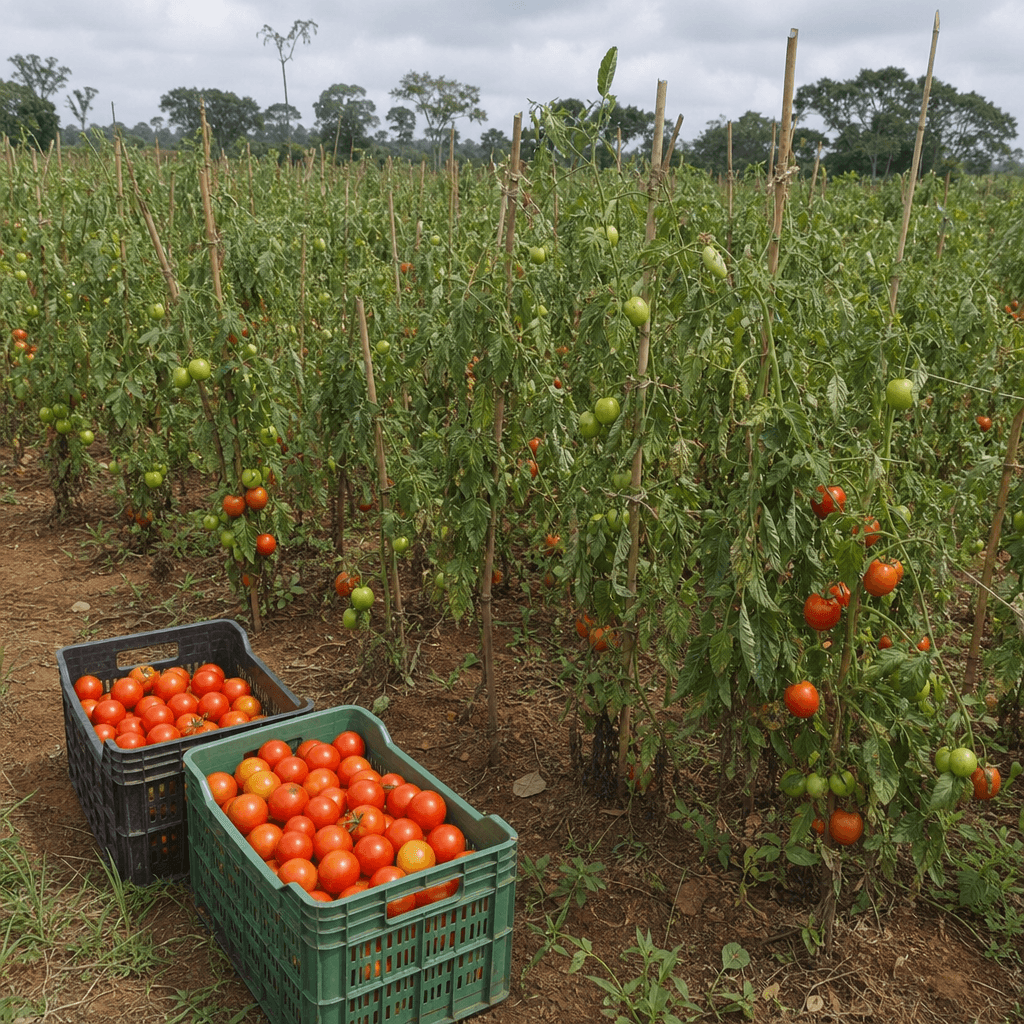 Champ de tomates en Côte d'Ivoire, cagettes en bout de rang