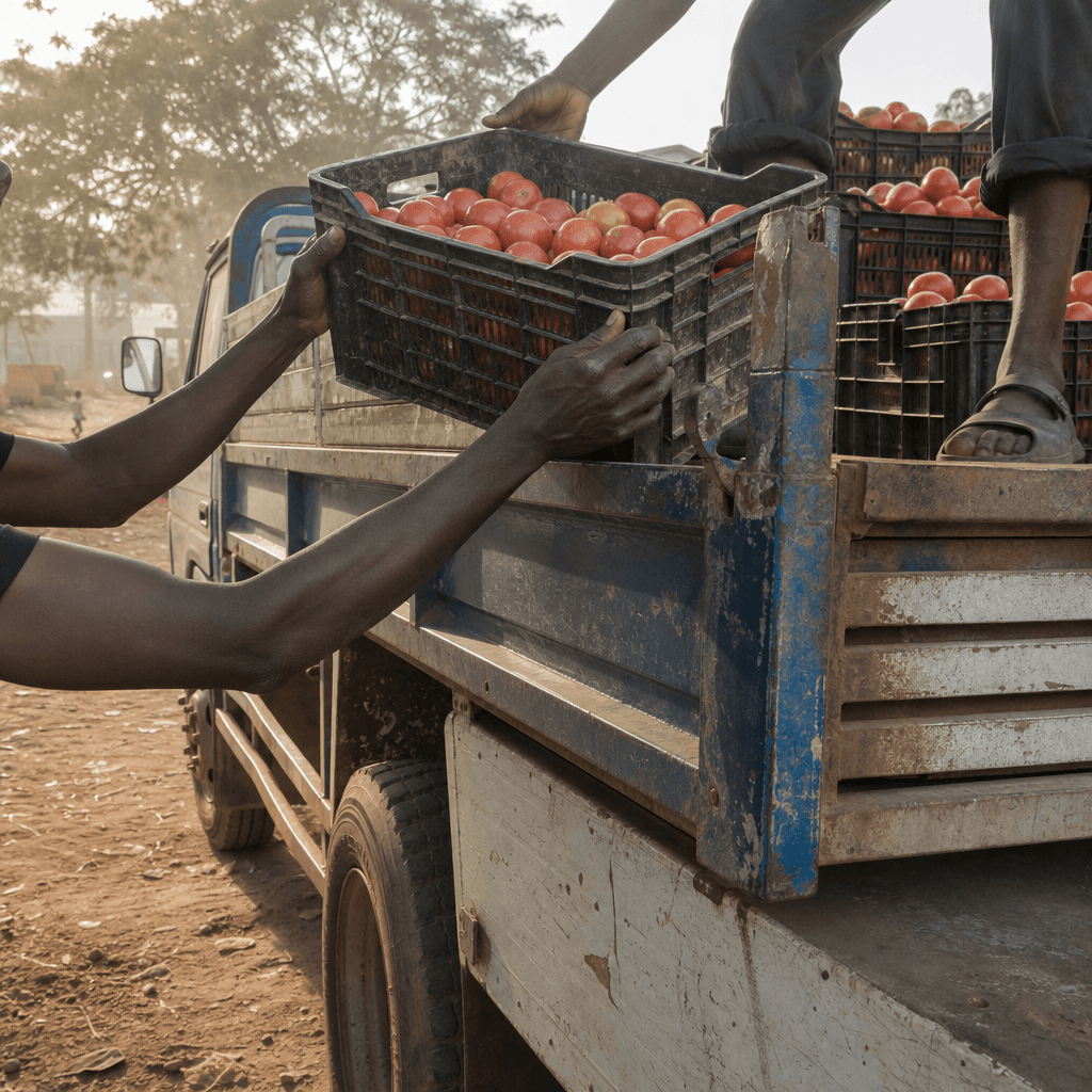 Cagettes de tomates chargées sur un camion au petit matin